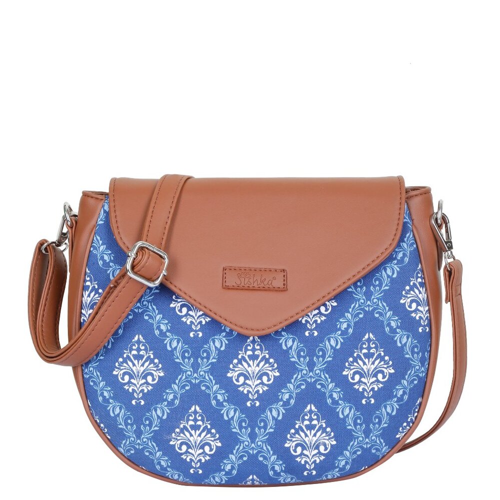Hand Crafted Fabric Blue Print Women Crossbody Sling Bag, Messenger Bag